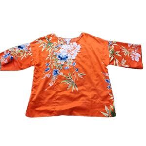 Soft Surroundings Womens Orange Floral Botanical 3/4 Blouse Plus Size 1X
